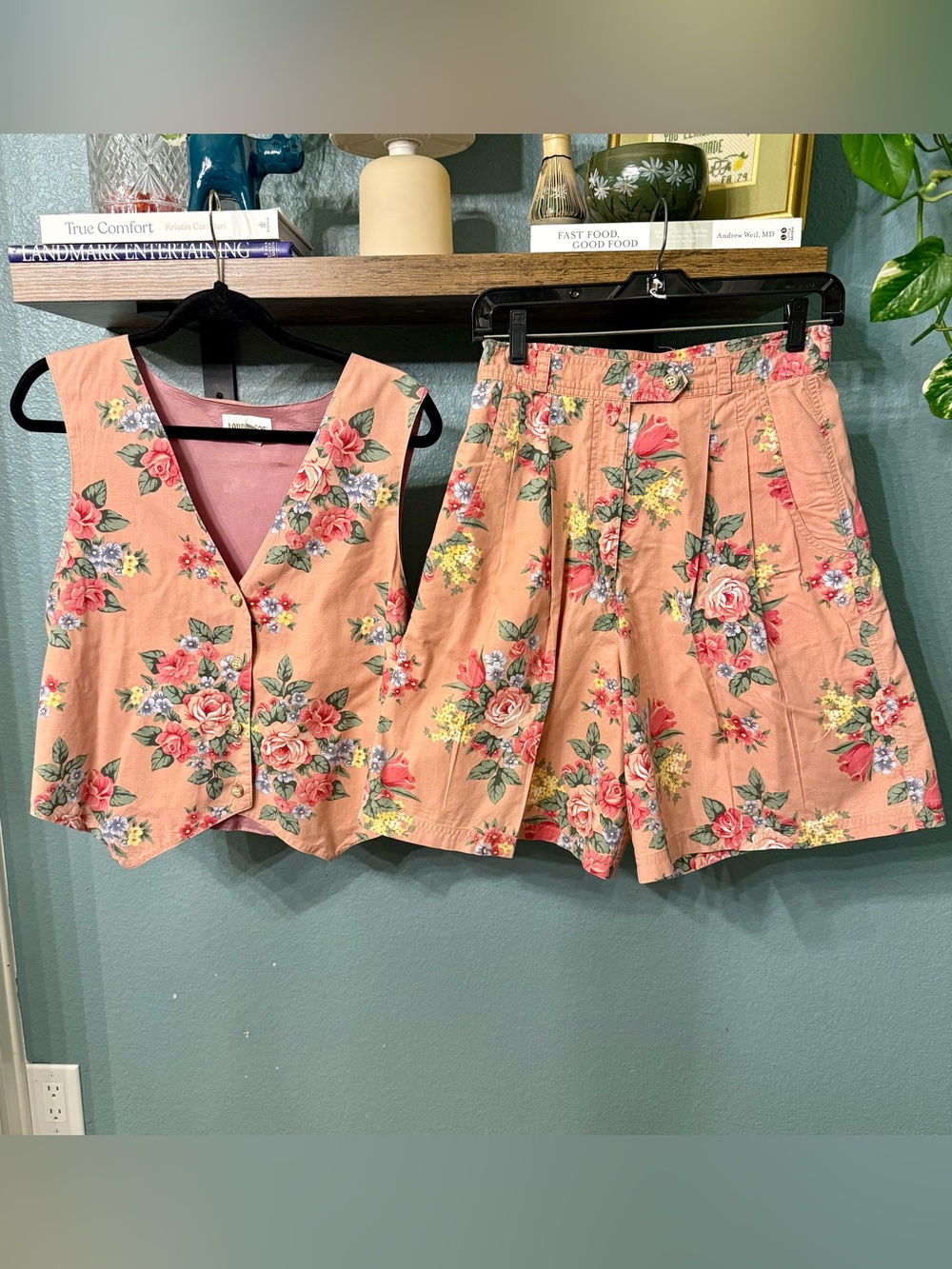 Vintage 90s London Fog Floral Vest Shorts Set Pink Rose Garden Print Cotton